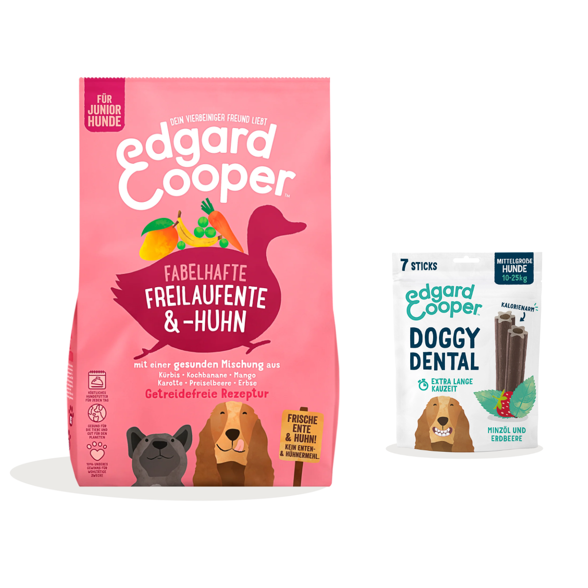 Trockenfutter ENTE & HUHN für Welpen mit DoggyDental Sticks Minze & Erdbeere